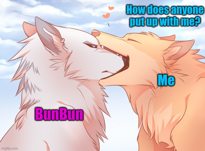 My cousin is my emotional support human. When I question my sexual identity or need help he's there. How does he put up with me? | How does anyone put up with me? Me; BunBun | made w/ Imgflip meme maker