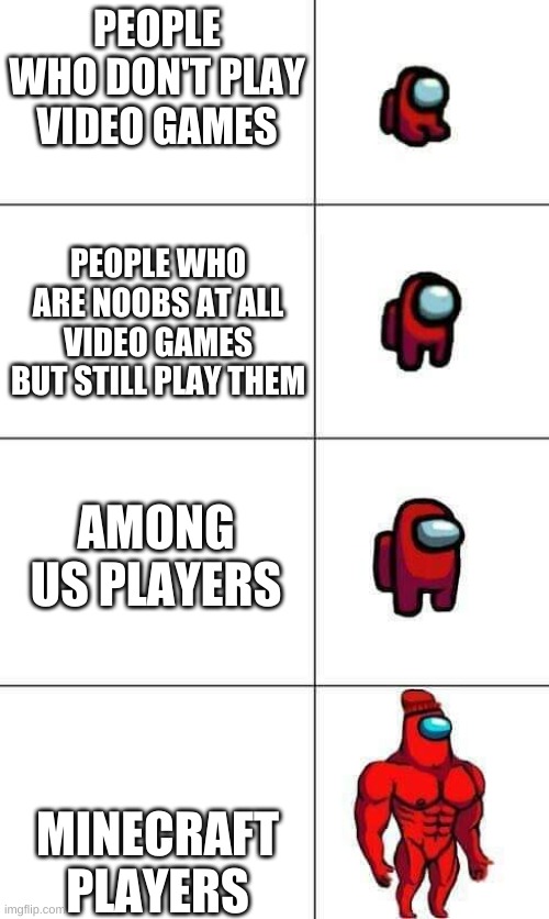 Among Us | PEOPLE WHO DON'T PLAY VIDEO GAMES; PEOPLE WHO ARE NOOBS AT ALL VIDEO GAMES BUT STILL PLAY THEM; AMONG US PLAYERS; MINECRAFT PLAYERS | image tagged in among us | made w/ Imgflip meme maker