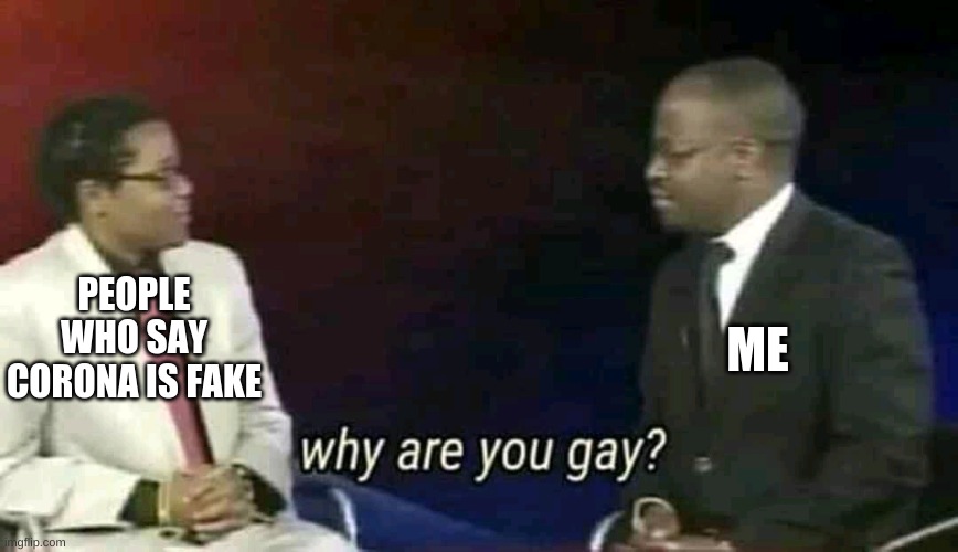 Why are you gay? |  PEOPLE WHO SAY CORONA IS FAKE; ME | image tagged in why are you gay | made w/ Imgflip meme maker