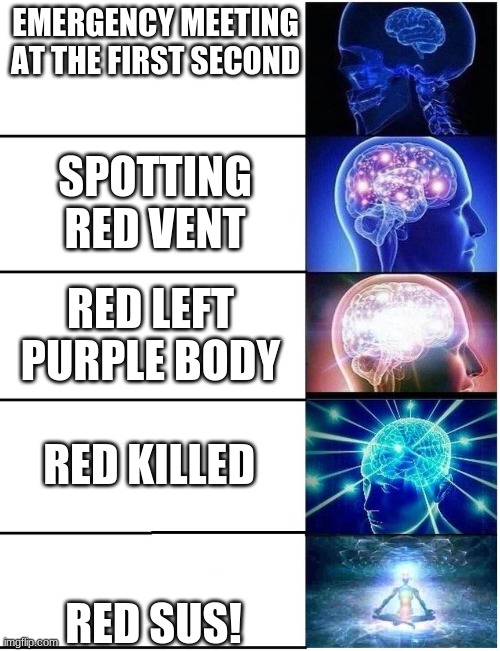 red sus! | EMERGENCY MEETING AT THE FIRST SECOND; SPOTTING RED VENT; RED LEFT PURPLE BODY; RED KILLED; RED SUS! | image tagged in expanding brain 5 panel | made w/ Imgflip meme maker