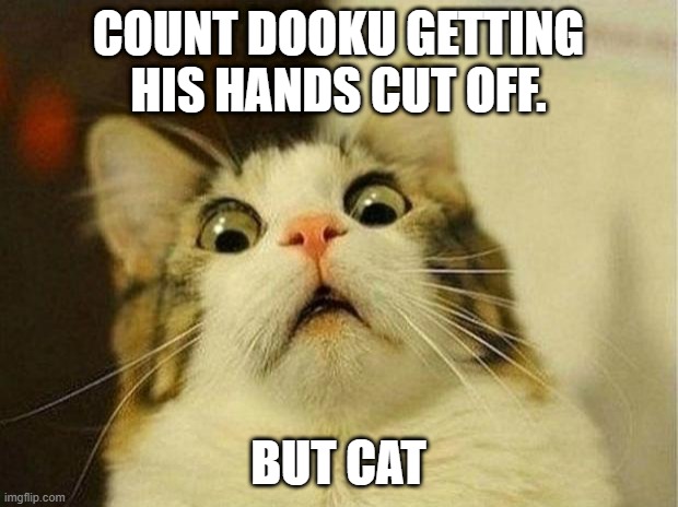 Dooku | COUNT DOOKU GETTING HIS HANDS CUT OFF. BUT CAT | image tagged in star wars,star wars prequels | made w/ Imgflip meme maker