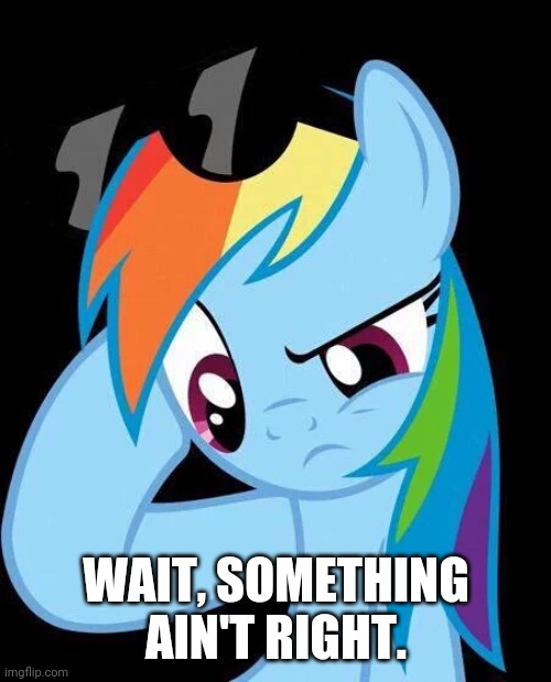 Confused Rainbow Dash | WAIT, SOMETHING AIN'T RIGHT. | image tagged in confused rainbow dash | made w/ Imgflip meme maker
