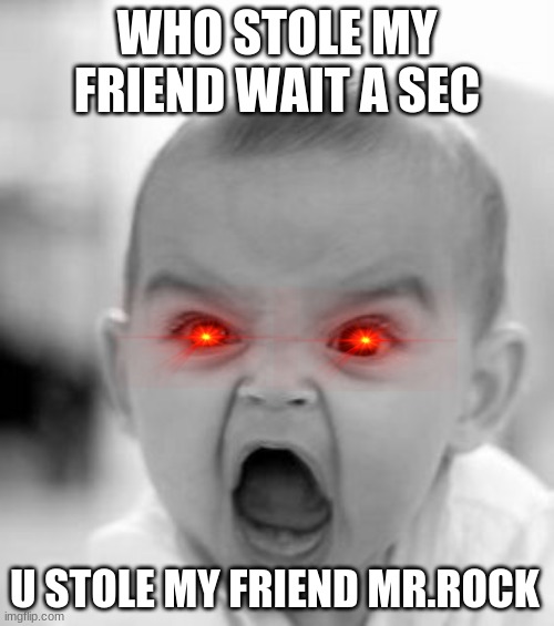 WHO STOLE MR.ROCK | WHO STOLE MY FRIEND WAIT A SEC; U STOLE MY FRIEND MR.ROCK | image tagged in memes,angry baby | made w/ Imgflip meme maker