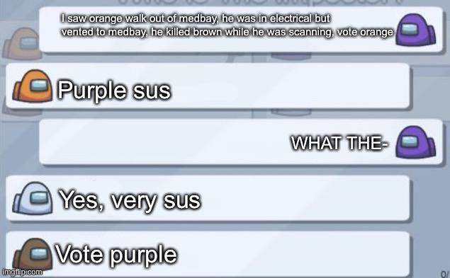 Among us conversation |  I saw orange walk out of medbay, he was in electrical but vented to medbay, he killed brown while he was scanning, vote orange; Purple sus; WHAT THE-; Yes, very sus; Vote purple | image tagged in among us conversation | made w/ Imgflip meme maker