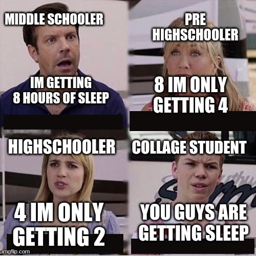 bruh | MIDDLE SCHOOLER; PRE HIGHSCHOOLER; IM GETTING 8 HOURS OF SLEEP; 8 IM ONLY GETTING 4; HIGHSCHOOLER; COLLAGE STUDENT; YOU GUYS ARE GETTING SLEEP; 4 IM ONLY GETTING 2 | image tagged in you guys are getting paid template | made w/ Imgflip meme maker