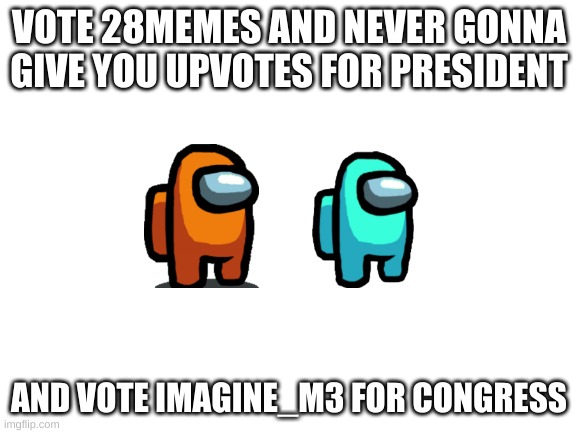 tell us if you are voting us in the comments | VOTE 28MEMES AND NEVER GONNA GIVE YOU UPVOTES FOR PRESIDENT; AND VOTE IMAGINE_M3 FOR CONGRESS | image tagged in blank white template | made w/ Imgflip meme maker