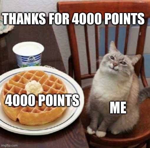 Cat likes their waffle | THANKS FOR 4000 POINTS; ME; 4000 POINTS | image tagged in cat likes their waffle | made w/ Imgflip meme maker