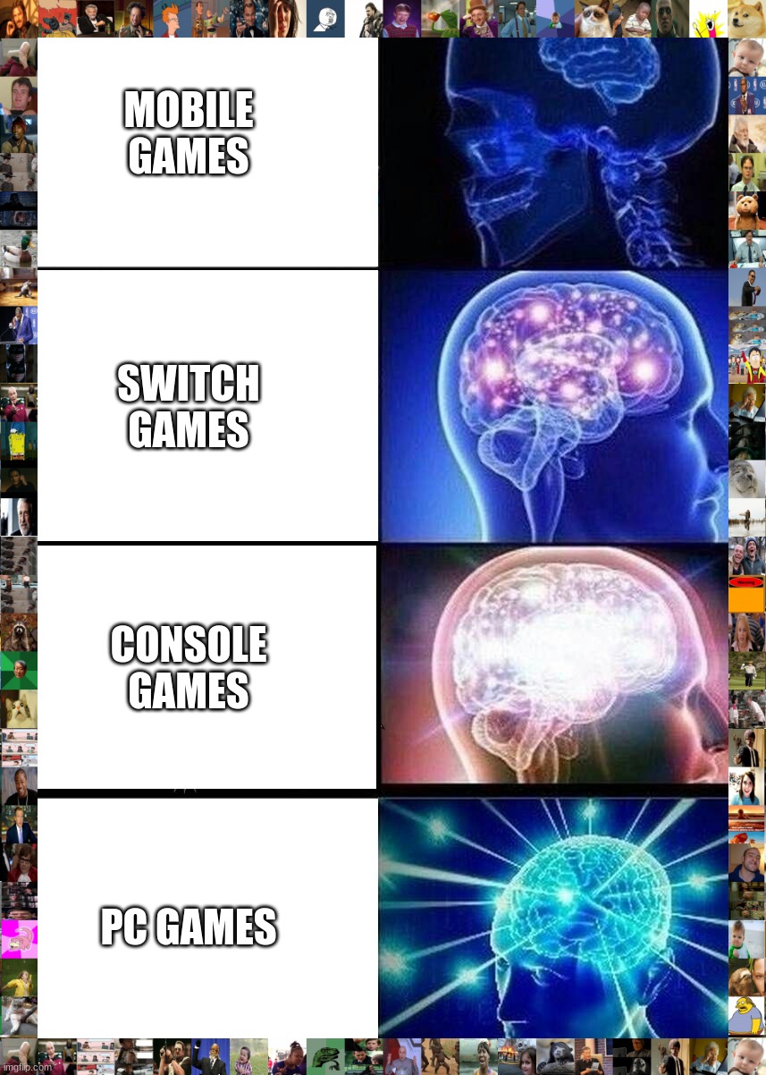 Im a console gamer | MOBILE GAMES; SWITCH GAMES; CONSOLE GAMES; PC GAMES | image tagged in memes,expanding brain | made w/ Imgflip meme maker
