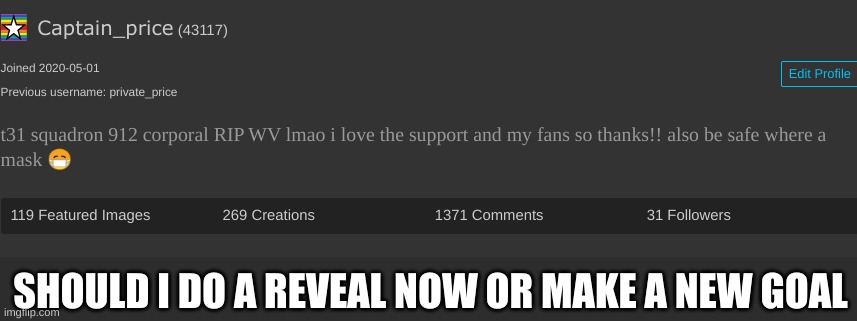what should i do (im not brave for a face reveal) | SHOULD I DO A REVEAL NOW OR MAKE A NEW GOAL | image tagged in memes | made w/ Imgflip meme maker