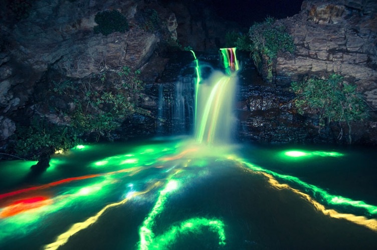 Glow sticks in a Waterfall. Photo credit: Sean Lenz and Kristoffer Abildgaard | image tagged in awesome,pics,photography | made w/ Imgflip meme maker