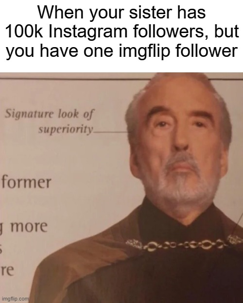 Pathetic mortal |  When your sister has 100k Instagram followers, but you have one imgflip follower | image tagged in signature look of superiority,funny,memes,followers | made w/ Imgflip meme maker