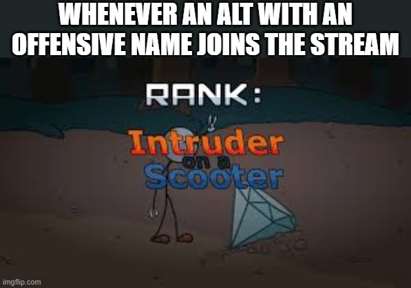 WHENEVER AN ALT WITH AN OFFENSIVE NAME JOINS THE STREAM | image tagged in intruder on a scooter | made w/ Imgflip meme maker