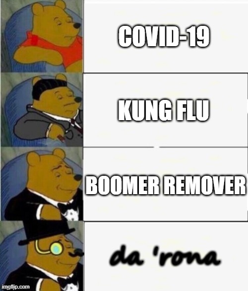 yes. | COVID-19; KUNG FLU; BOOMER REMOVER; da 'rona | image tagged in tuxedo winnie the pooh 4 panel | made w/ Imgflip meme maker