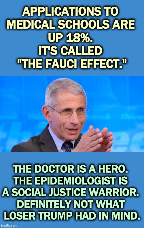 These young people want to be in the front lines when the next pandemic hits. | APPLICATIONS TO 
MEDICAL SCHOOLS ARE 
UP 18%. 
IT'S CALLED 
"THE FAUCI EFFECT."; THE DOCTOR IS A HERO. 
THE EPIDEMIOLOGIST IS 
A SOCIAL JUSTICE WARRIOR. 
DEFINITELY NOT WHAT 
LOSER TRUMP HAD IN MIND. | image tagged in dr fauci 2020,fauci,hero,superhero,trump,loser | made w/ Imgflip meme maker