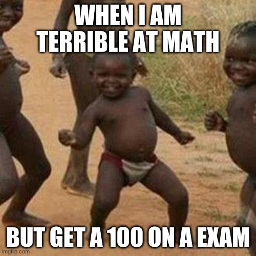 Third World Success Kid Meme | WHEN I AM TERRIBLE AT MATH; BUT GET A 100 ON A EXAM | image tagged in memes,third world success kid | made w/ Imgflip meme maker