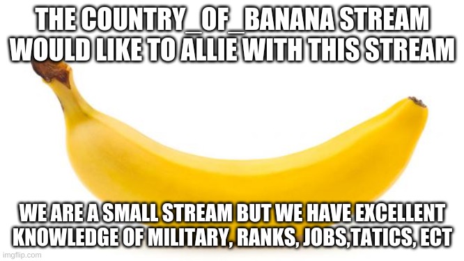 Banana | THE COUNTRY_OF_BANANA STREAM WOULD LIKE TO ALLIE WITH THIS STREAM; WE ARE A SMALL STREAM BUT WE HAVE EXCELLENT KNOWLEDGE OF MILITARY, RANKS, JOBS,TATICS, ECT | image tagged in banana | made w/ Imgflip meme maker