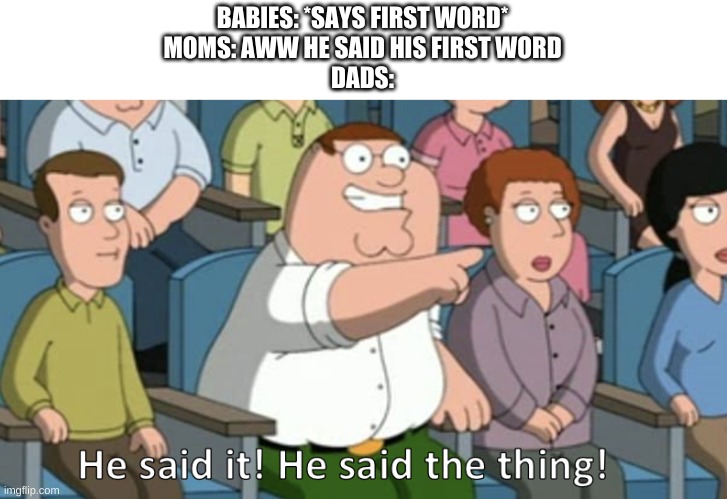 He said the thing | BABIES: *SAYS FIRST WORD*
MOMS: AWW HE SAID HIS FIRST WORD
DADS: | image tagged in he said the thing | made w/ Imgflip meme maker