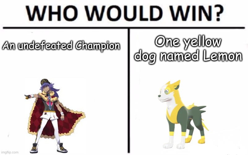 Who Would Win? Meme | An undefeated Champion; One yellow dog named Lemon | image tagged in memes,who would win | made w/ Imgflip meme maker