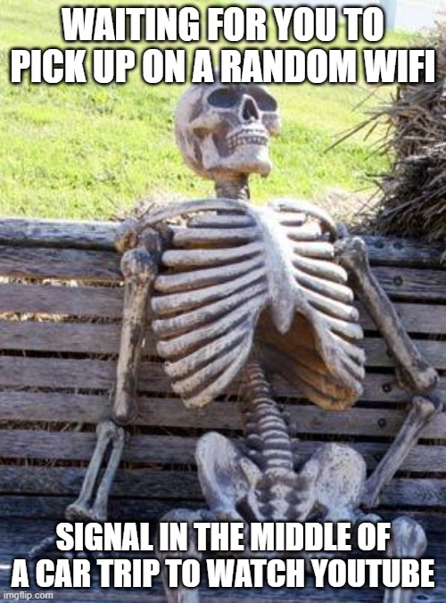 Waiting Skeleton | WAITING FOR YOU TO PICK UP ON A RANDOM WIFI; SIGNAL IN THE MIDDLE OF A CAR TRIP TO WATCH YOUTUBE | image tagged in memes,waiting skeleton | made w/ Imgflip meme maker