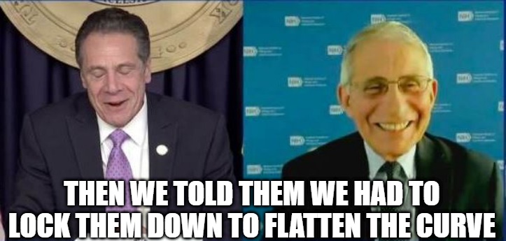 Double Think | THEN WE TOLD THEM WE HAD TO LOCK THEM DOWN TO FLATTEN THE CURVE | image tagged in laughing politicians,dr fraudci,cuomo,convid-1984,plandemic,scamdemic | made w/ Imgflip meme maker