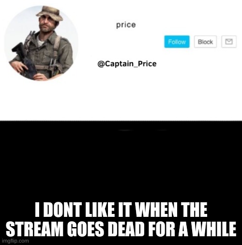 i feel lonely | I DONT LIKE IT WHEN THE STREAM GOES DEAD FOR A WHILE | image tagged in captain_price template | made w/ Imgflip meme maker