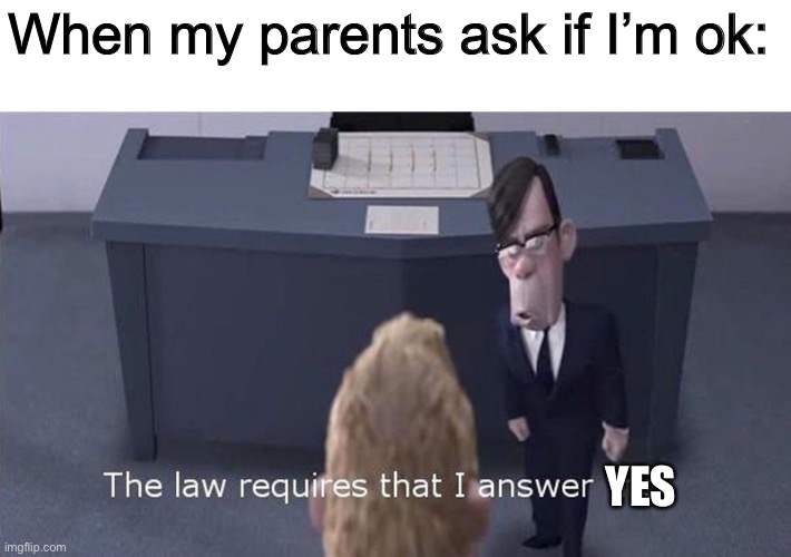 The Law Requires | When my parents ask if I’m ok:; YES | image tagged in the law requires | made w/ Imgflip meme maker