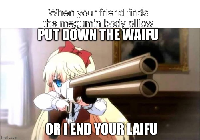 Put it down | When your friend finds the megumin body pillow; PUT DOWN THE WAIFU; OR I END YOUR LAIFU | image tagged in anime shotgun | made w/ Imgflip meme maker