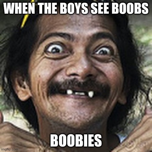 indan missing tooth meme ha meme | WHEN THE BOYS SEE BOOBS; BOOBIES | image tagged in indan missing tooth meme ha meme | made w/ Imgflip meme maker