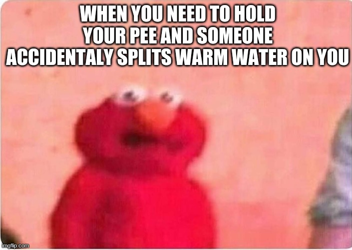 Sickened elmo | WHEN YOU NEED TO HOLD YOUR PEE AND SOMEONE ACCIDENTALY SPLITS WARM WATER ON YOU | image tagged in sickened elmo | made w/ Imgflip meme maker