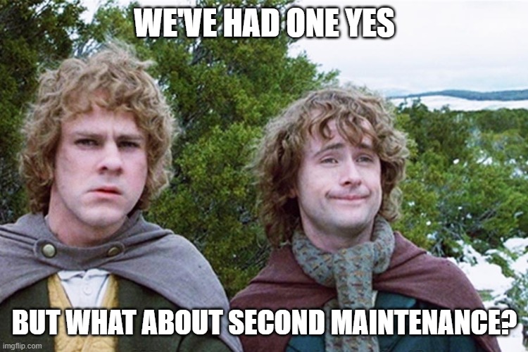 hobbits | WE'VE HAD ONE YES; BUT WHAT ABOUT SECOND MAINTENANCE? | image tagged in hobbits | made w/ Imgflip meme maker