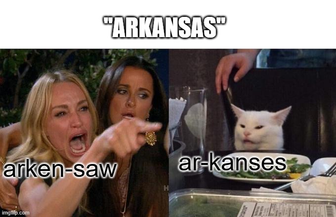 Woman Yelling At Cat | "ARKANSAS"; ar-kanses; arken-saw | image tagged in memes,woman yelling at cat | made w/ Imgflip meme maker