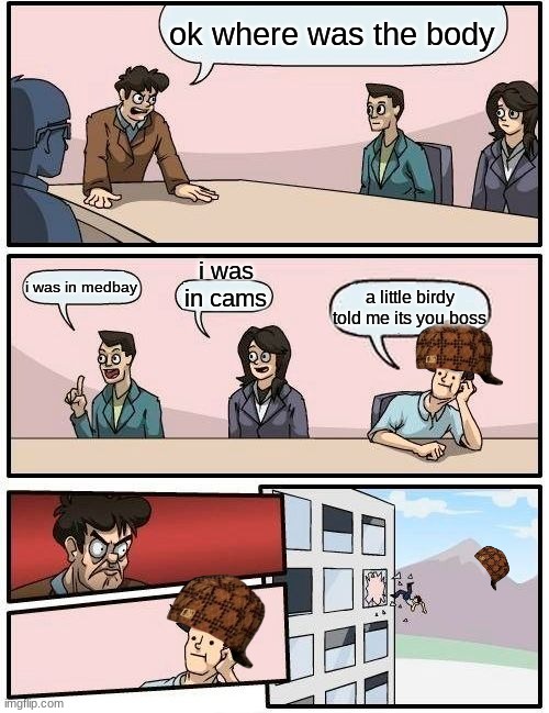Boardroom Meeting Suggestion | ok where was the body; i was in cams; i was in medbay; a little birdy told me its you boss | image tagged in memes,boardroom meeting suggestion | made w/ Imgflip meme maker