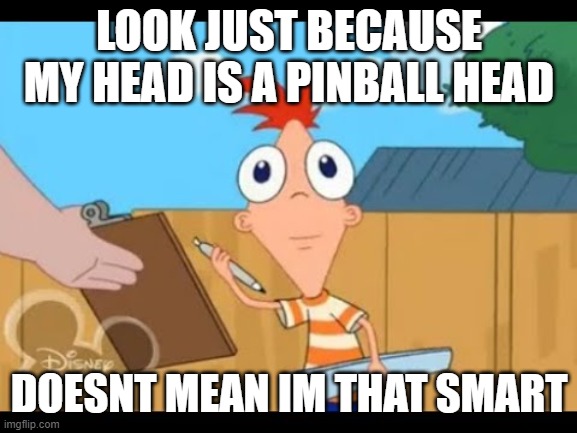 Phineas Foward Facing meme | LOOK JUST BECAUSE MY HEAD IS A PINBALL HEAD; DOESNT MEAN IM THAT SMART | image tagged in phineas and ferb,front facing | made w/ Imgflip meme maker