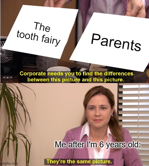 When kids find out the tooth fairy is fake | The tooth fairy; Parents; Me after I'm 6 years old: | image tagged in memes,they're the same picture | made w/ Imgflip meme maker