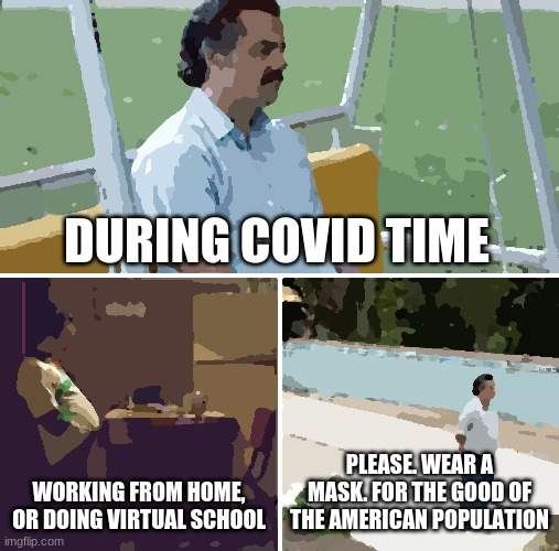 Posting this in fun was the best spot I could find to post in | DURING COVID TIME; WORKING FROM HOME, OR DOING VIRTUAL SCHOOL; PLEASE. WEAR A MASK. FOR THE GOOD OF THE AMERICAN POPULATION | image tagged in memes,sad pablo escobar | made w/ Imgflip meme maker
