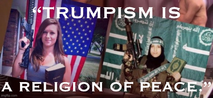 "Only a small majority of Trump supporters reject the peaceful transfer of power." | “TRUMPISM IS; A RELIGION OF PEACE.” | image tagged in two jihadis,trump supporters,jihadist,fascism,radical islam,isis jihad terrorists | made w/ Imgflip meme maker