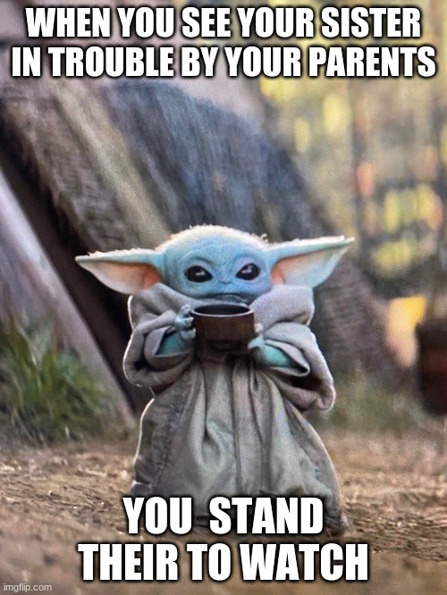 BABY YODA TEA | WHEN YOU SEE YOUR SISTER IN TROUBLE BY YOUR PARENTS; YOU  STAND THEIR TO WATCH | image tagged in baby yoda tea | made w/ Imgflip meme maker