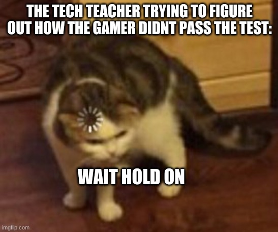 oof | THE TECH TEACHER TRYING TO FIGURE OUT HOW THE GAMER DIDNT PASS THE TEST:; WAIT HOLD ON | image tagged in loading cat | made w/ Imgflip meme maker