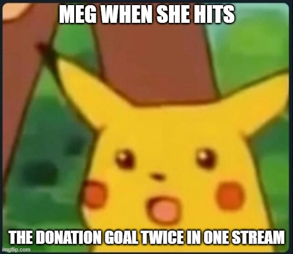 Surprised Pikachu | MEG WHEN SHE HITS; THE DONATION GOAL TWICE IN ONE STREAM | image tagged in surprised pikachu | made w/ Imgflip meme maker