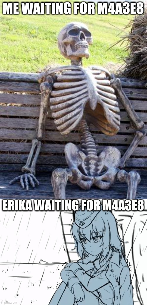 Were waiting for him this Monday. He didn't respond..... | ME WAITING FOR M4A3E8; ERIKA WAITING FOR M4A3E8 | image tagged in memes,waiting skeleton,anime,girls und panzer | made w/ Imgflip meme maker