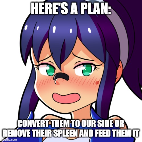 HERE'S A PLAN: CONVERT THEM TO OUR SIDE OR REMOVE THEIR SPLEEN AND FEED THEM IT | made w/ Imgflip meme maker