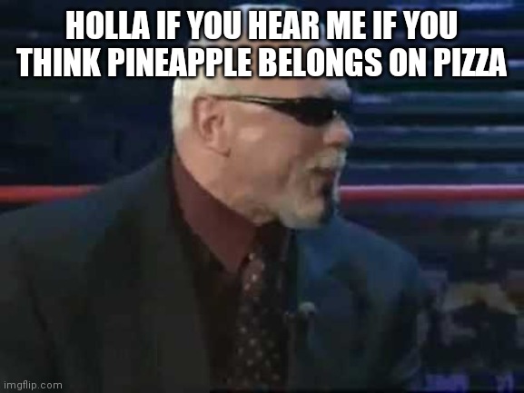 Scott Steiner TNA | HOLLA IF YOU HEAR ME IF YOU THINK PINEAPPLE BELONGS ON PIZZA | image tagged in scott steiner tna | made w/ Imgflip meme maker