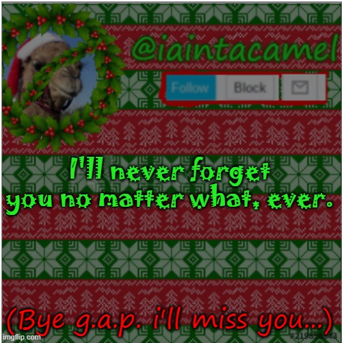 thanks for everything you've done for me, i'll never forget you | I'll never forget you no matter what, ever. (Bye g.a.p. i'll miss you...) | image tagged in iaintacamel | made w/ Imgflip meme maker
