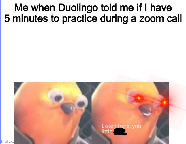 This actually happened tho | Me when Duolingo told me if I have 5 minutes to practice during a zoom call | image tagged in listen here you little shit | made w/ Imgflip meme maker