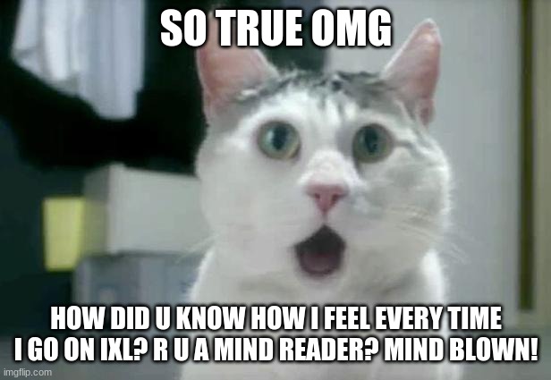 OMG Cat Meme | SO TRUE OMG HOW DID U KNOW HOW I FEEL EVERY TIME I GO ON IXL? R U A MIND READER? MIND BLOWN! | image tagged in memes,omg cat | made w/ Imgflip meme maker