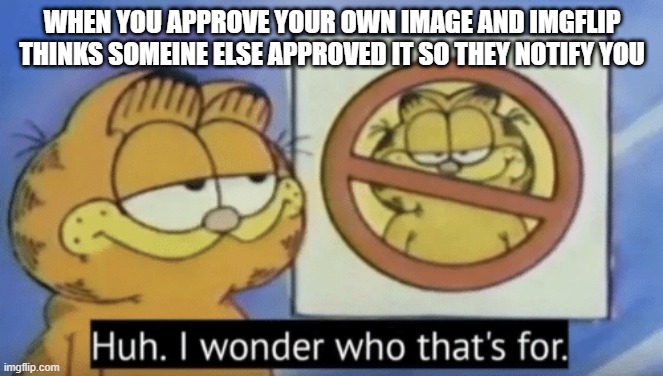 Garfield wonders | WHEN YOU APPROVE YOUR OWN IMAGE AND IMGFLIP THINKS SOMEINE ELSE APPROVED IT SO THEY NOTIFY YOU | image tagged in garfield wonders | made w/ Imgflip meme maker
