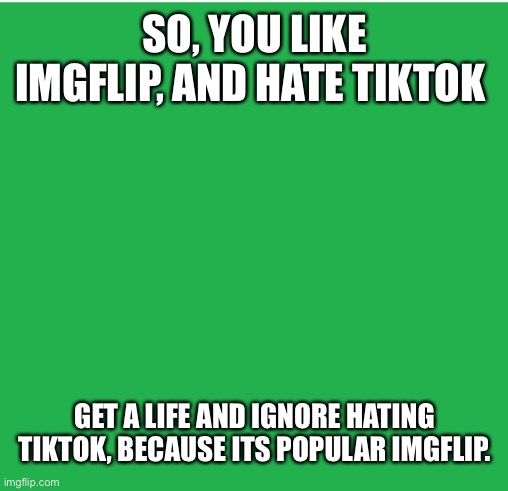 So you like imgflip and Hate Tiktok? Read this letter. | SO, YOU LIKE IMGFLIP, AND HATE TIKTOK; GET A LIFE AND IGNORE HATING TIKTOK, BECAUSE ITS POPULAR IMGFLIP. | image tagged in green screen,tik tok,imgflip | made w/ Imgflip meme maker