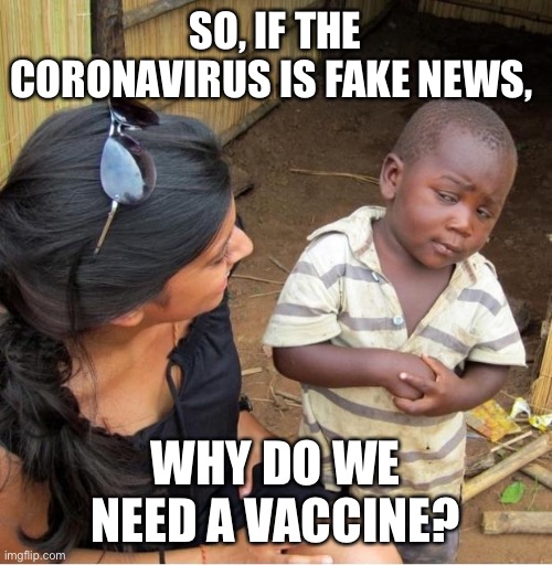 Corona |  SO, IF THE CORONAVIRUS IS FAKE NEWS, WHY DO WE NEED A VACCINE? | image tagged in skeptical third world kid | made w/ Imgflip meme maker