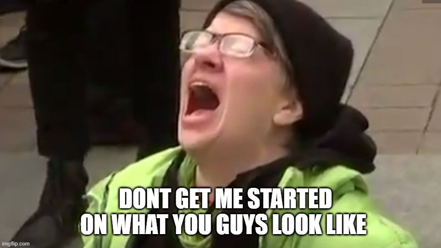 Screaming Liberal  | DONT GET ME STARTED ON WHAT YOU GUYS LOOK LIKE | image tagged in screaming liberal | made w/ Imgflip meme maker