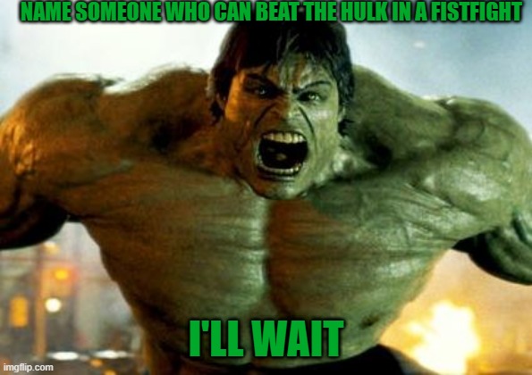DEW IT | NAME SOMEONE WHO CAN BEAT THE HULK IN A FISTFIGHT; I'LL WAIT | image tagged in hulk,marvel,marvel comics | made w/ Imgflip meme maker